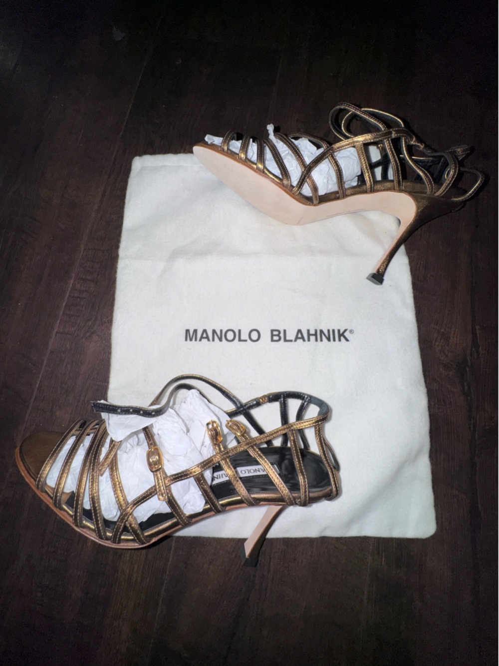 Manolo Blahnik Bronze Metallic Strappy Heels Sandals Size 37 Made in Italy NWOB